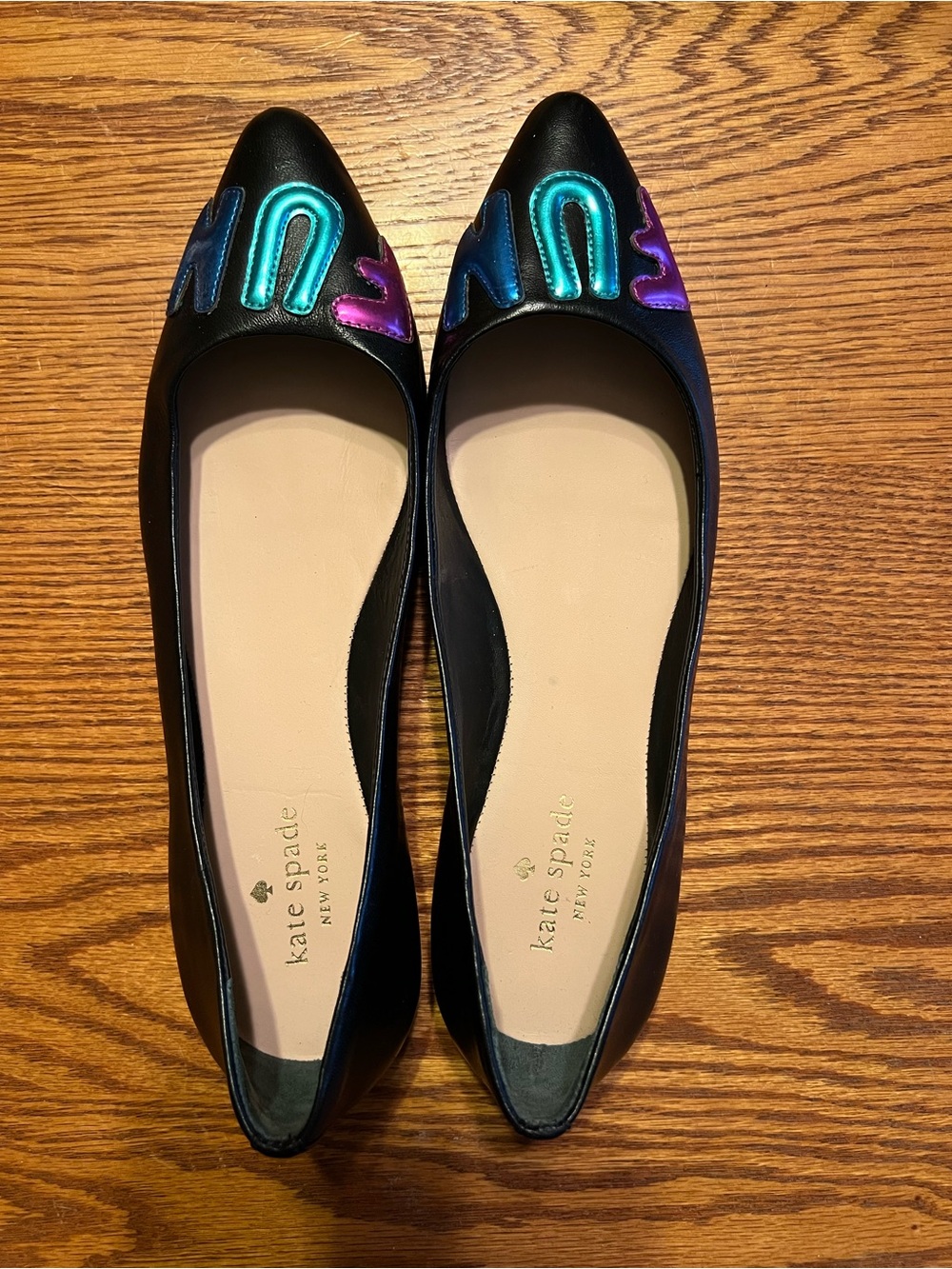 kate spade Black Leather Pointed Toe Flats with Iridescent Teal & Purple Accents
